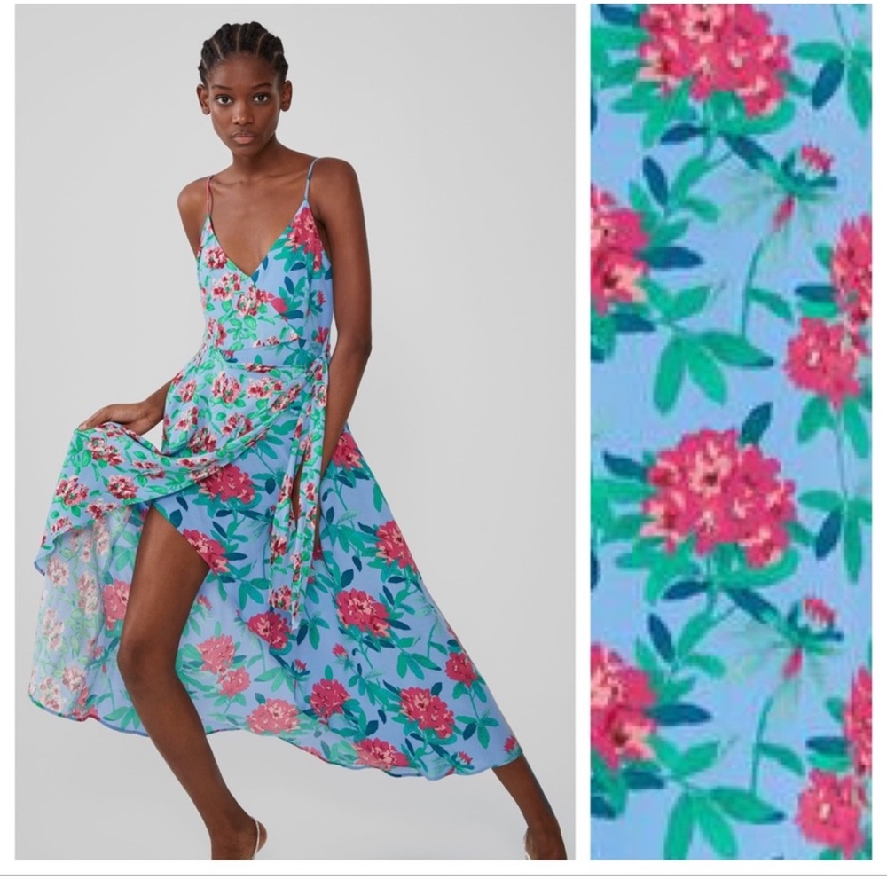 Zara floral blue high low dress small blue pink Strappy